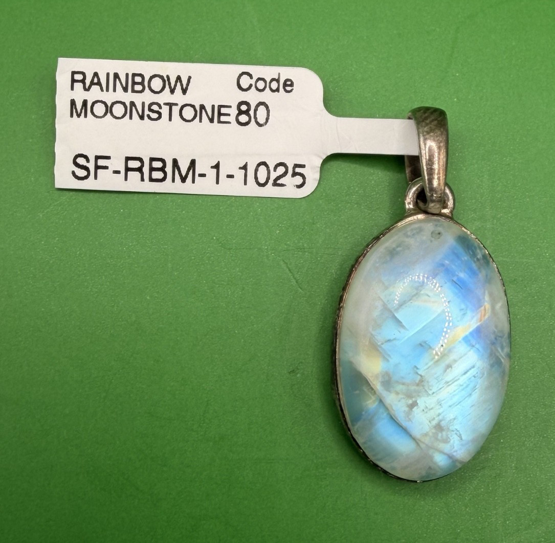 0.17oz Rainbow Moonstone Pendant 1.5″ Blue Flash Silver Setting