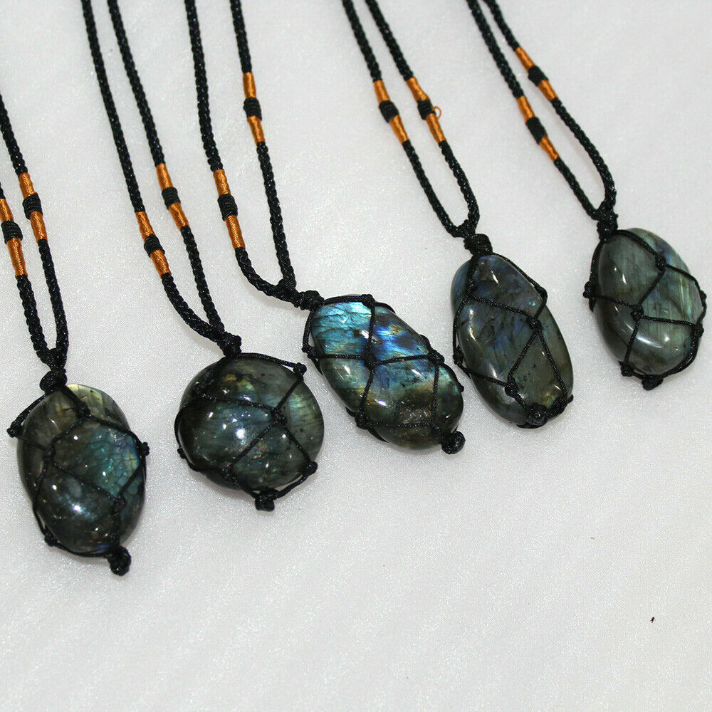Wrap Women Mens Stone Necklace Labradorite Pendant Crystal Moonstone BS402