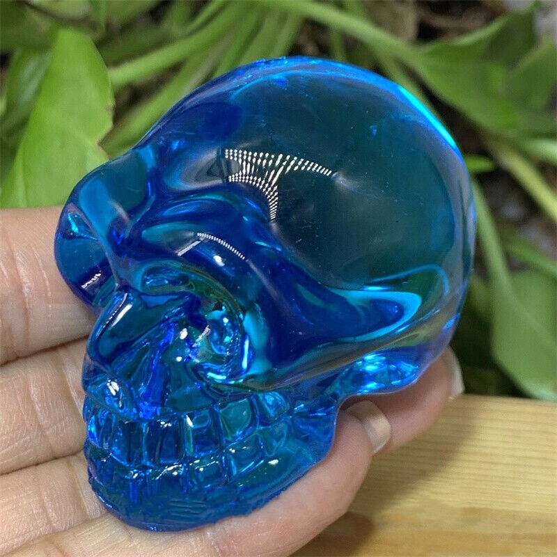 2″ blue aura smelting quartz skull crystal hand Carved healing 1pc