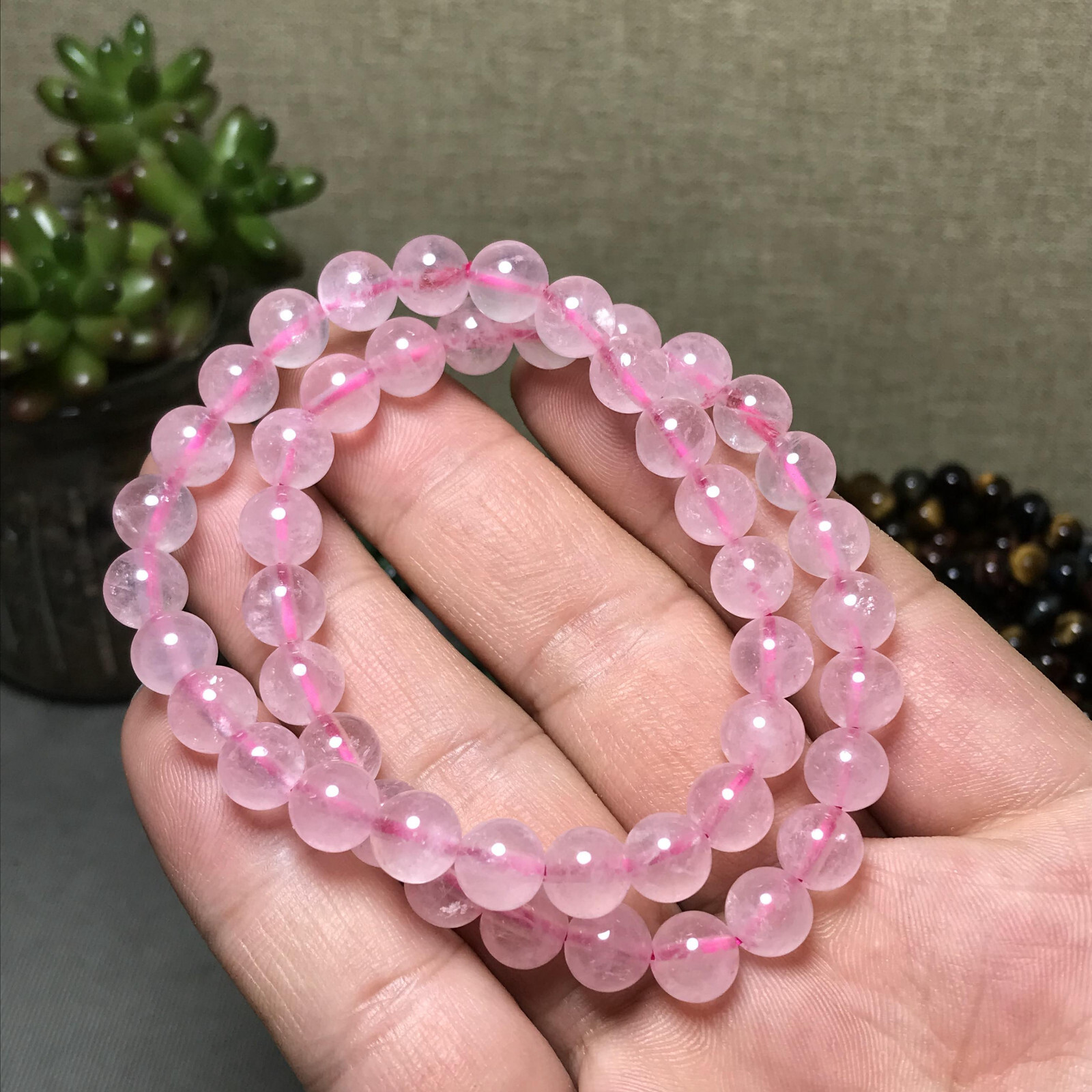 5Pcs Wholesal Natural powder crystal Pink bracelets Crystal ball sphere 8mm