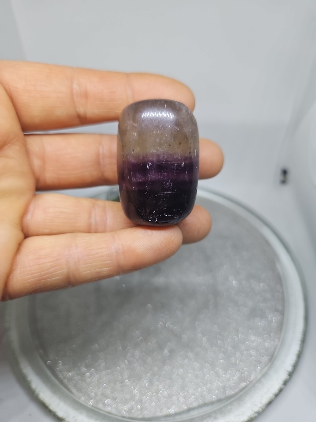 Vintage Glass Bottle Filled W/Cat’s Eye Crystal Chips& BigPurple Flourite Tumble