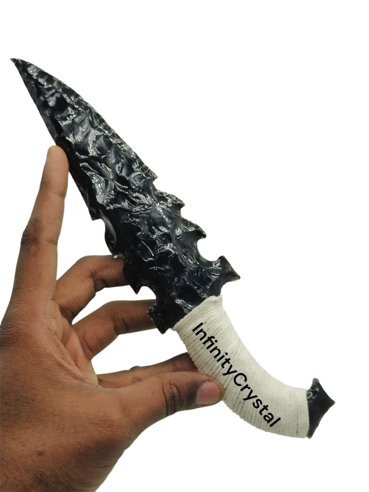 10”Large Black Obsidian Dagger,Handcrafted Knife with White Thread,Viking Athame