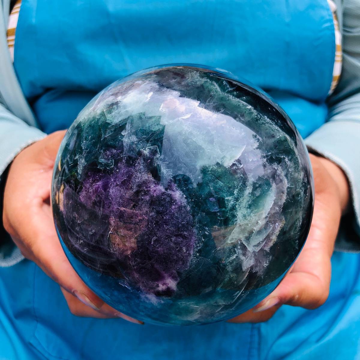 5.69LB Natural rainbow fluorite sphere quartz crystal polished ball healing