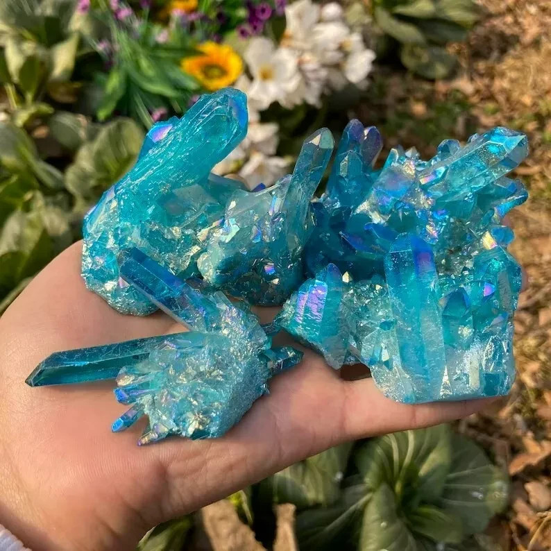 Natural Raw Blue Cluster Angel Aura Titanium Geode Quartz Crystal Specimen Gift