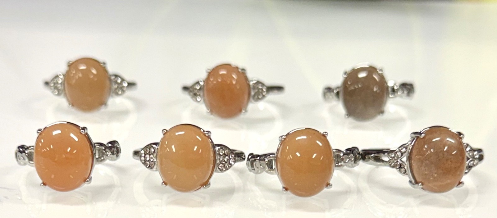 Wholesale 7 Pcs Natural Peach Moonstone Sunstone Stainless Steel Rings 10x12mm