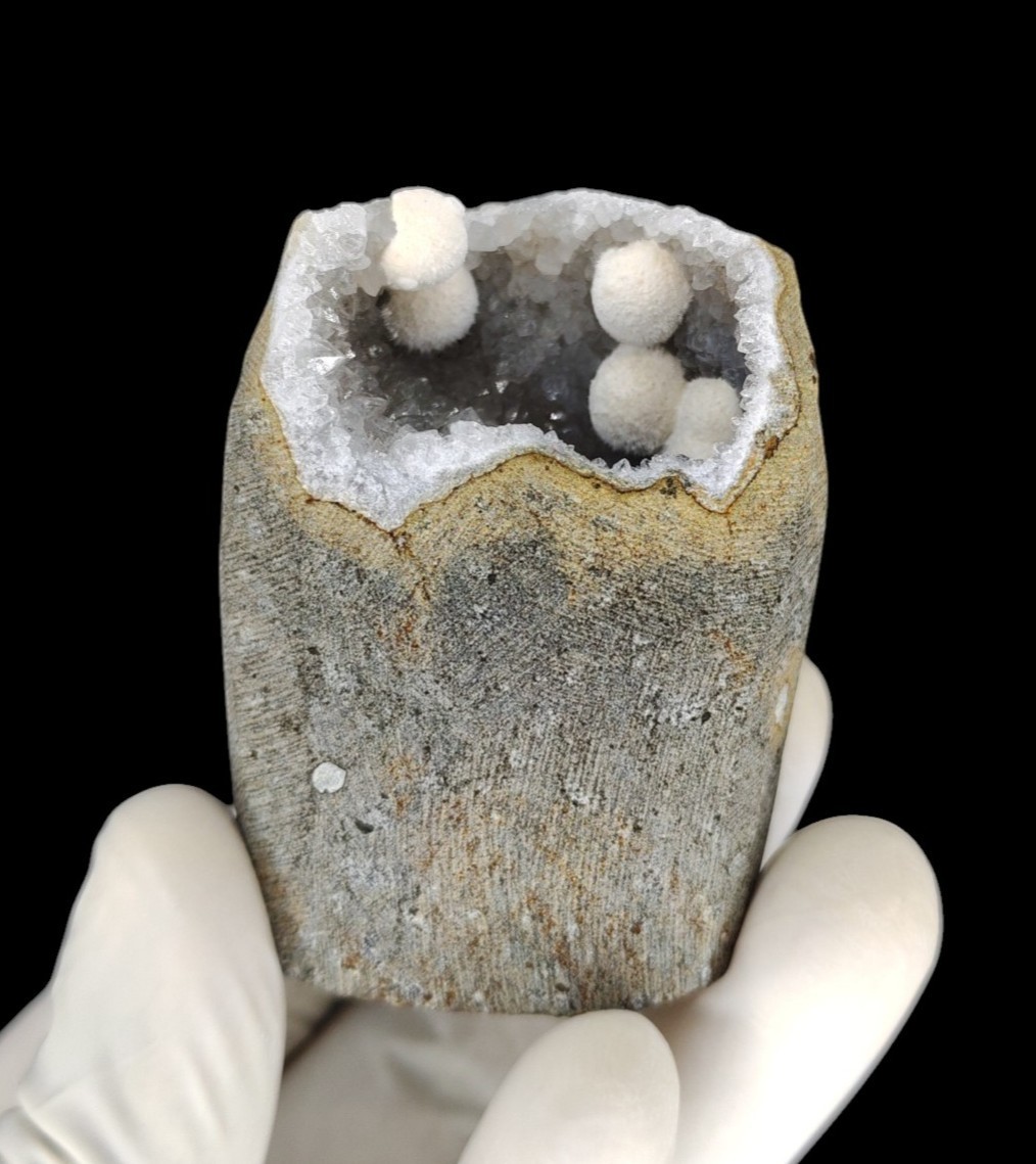 Natural Okenite Balls on MM Quartz in Geode Minerals #S285