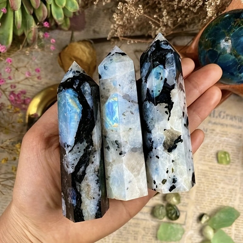 Natural Moonstone Tower Rainbow Crystal Wand Obelisk Home Decor Specimen