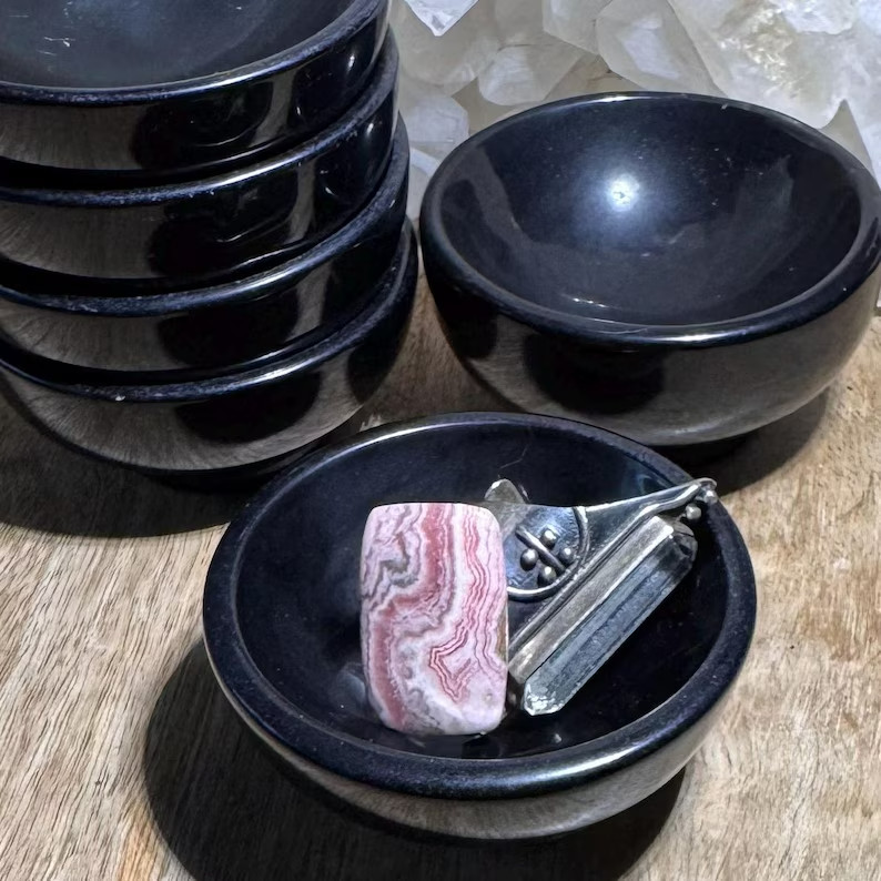 Natural Black Obsidian Charging Bowl Polished Crystal Handmade Healing Decor