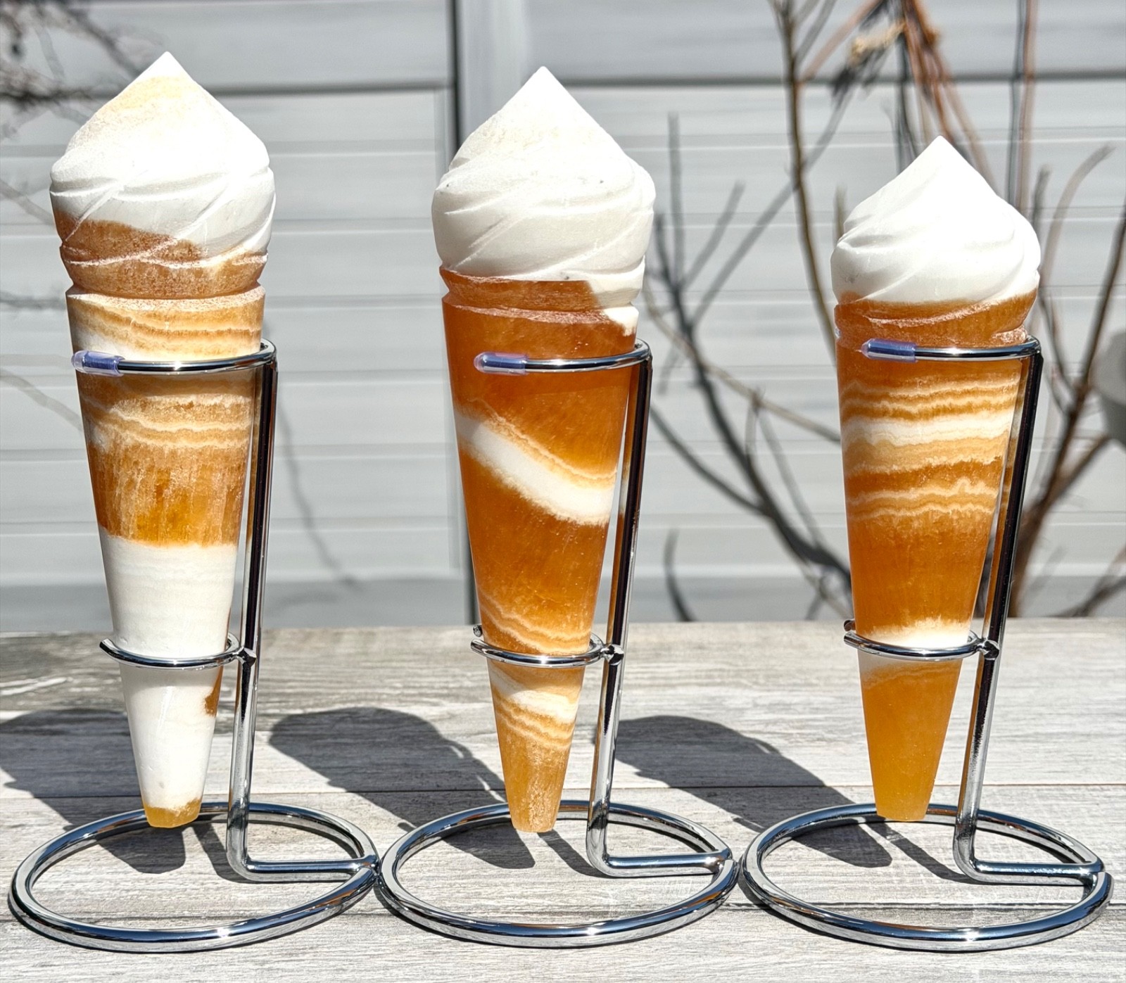 Wholesale 3-4 Pcs Natural Orange Calcite Ice Cream Cone With Rhodium Metal stand