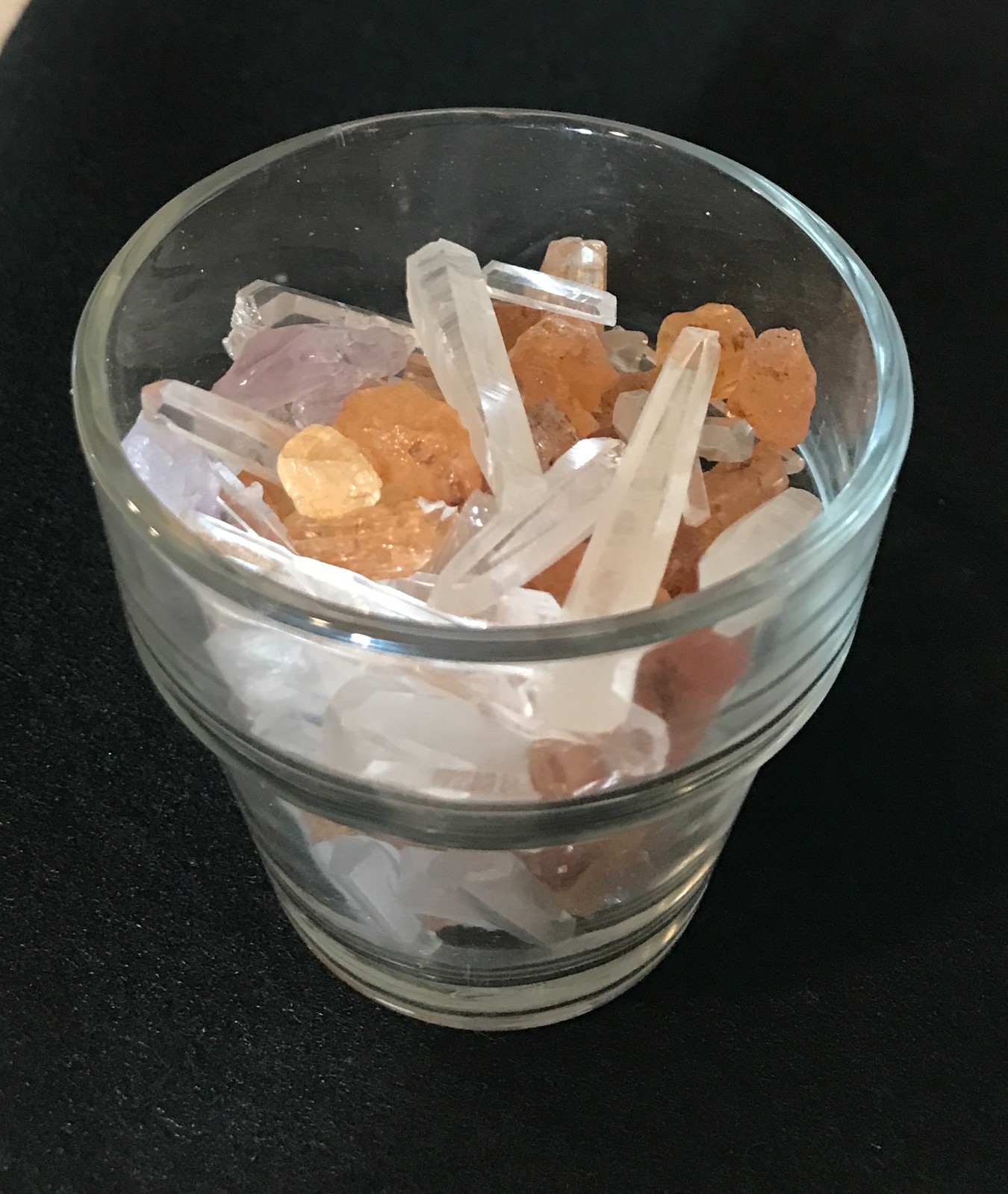 Glass Candle Cup Filled With Clear Crystal Points and Citrine Chunks