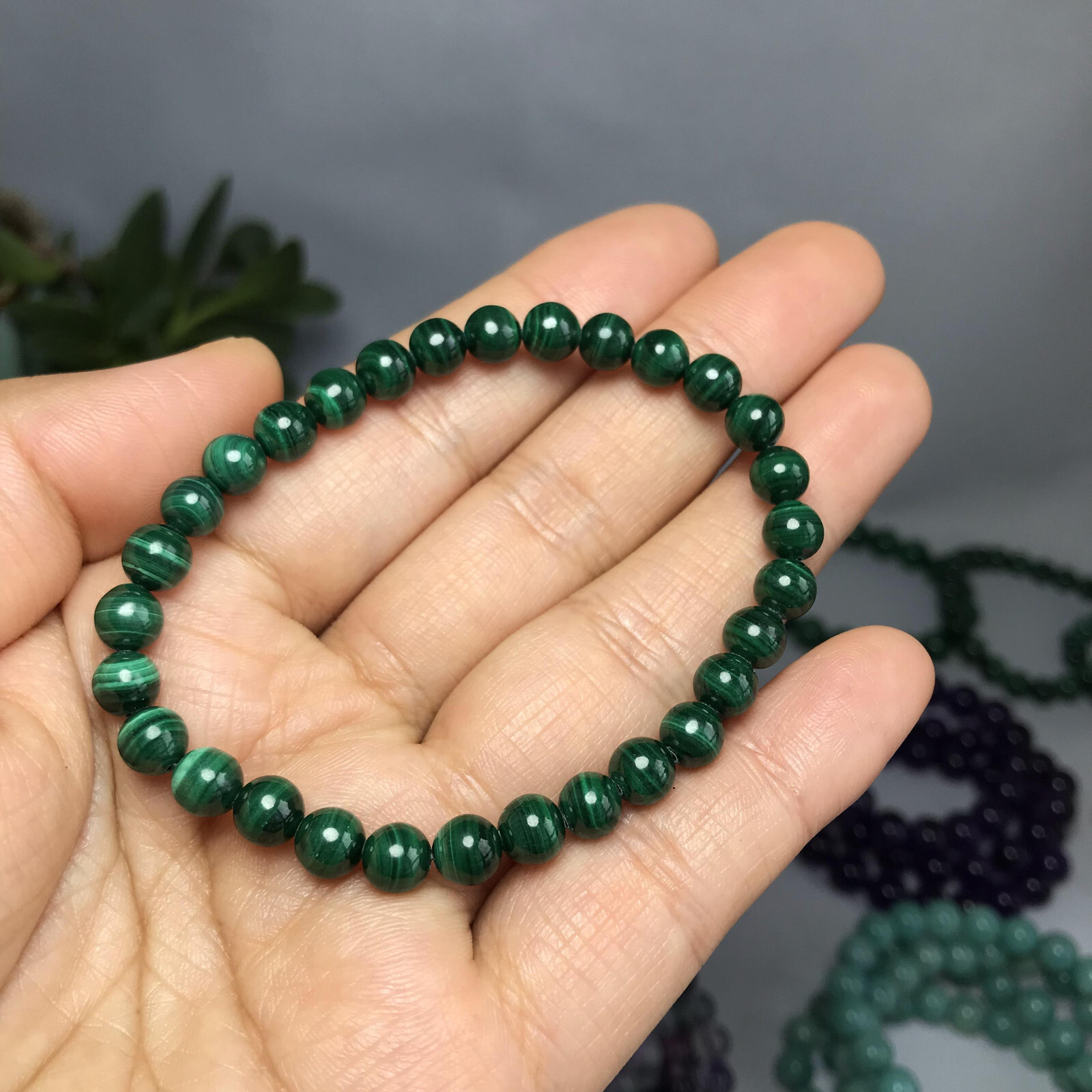 6mm Natural malachite gemstone Crystal chain beads bracelet 13-14g A5264