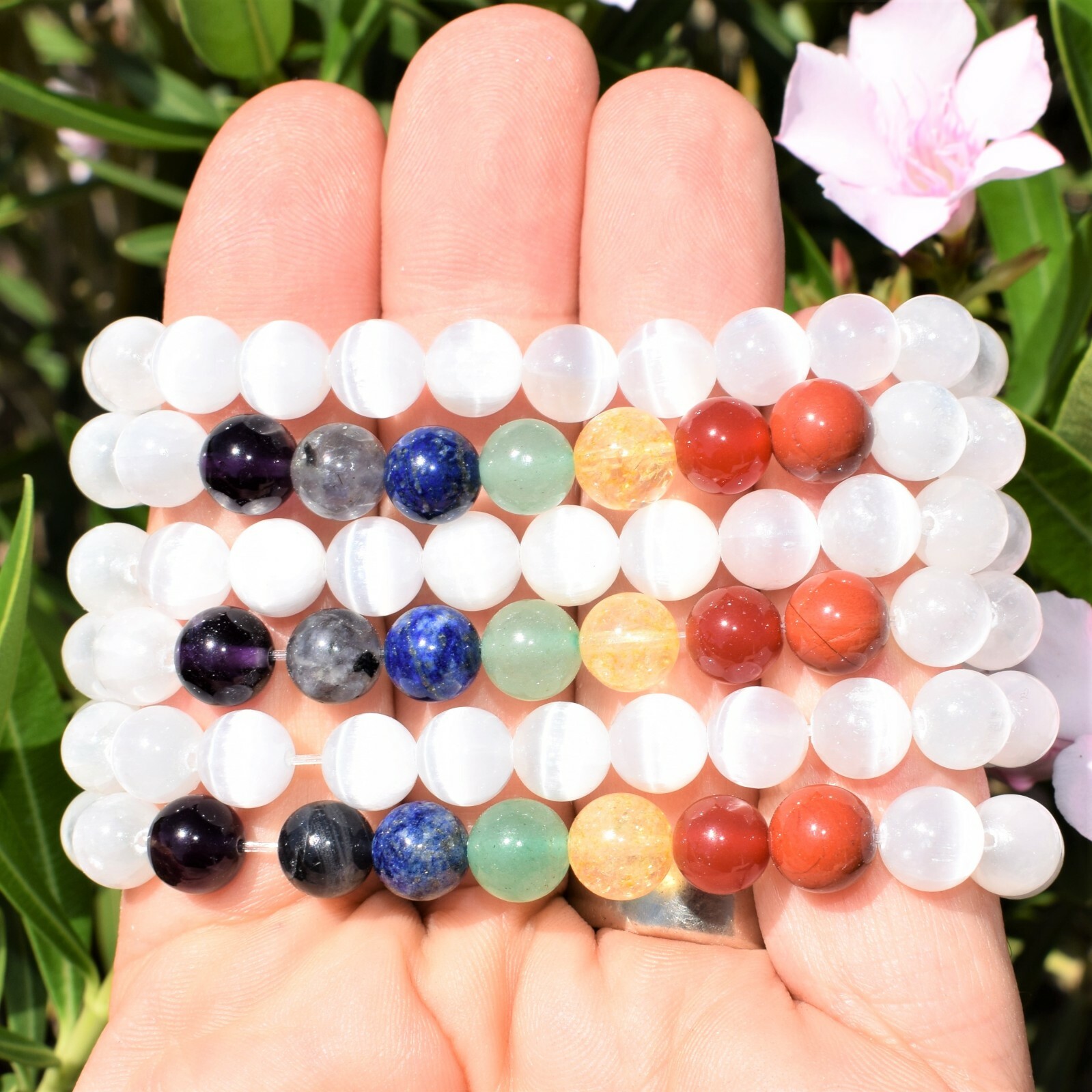 CHARGED 7 Chakra Selenite Crystal Stretchy Bracelet + Selenite Puffy Heart
