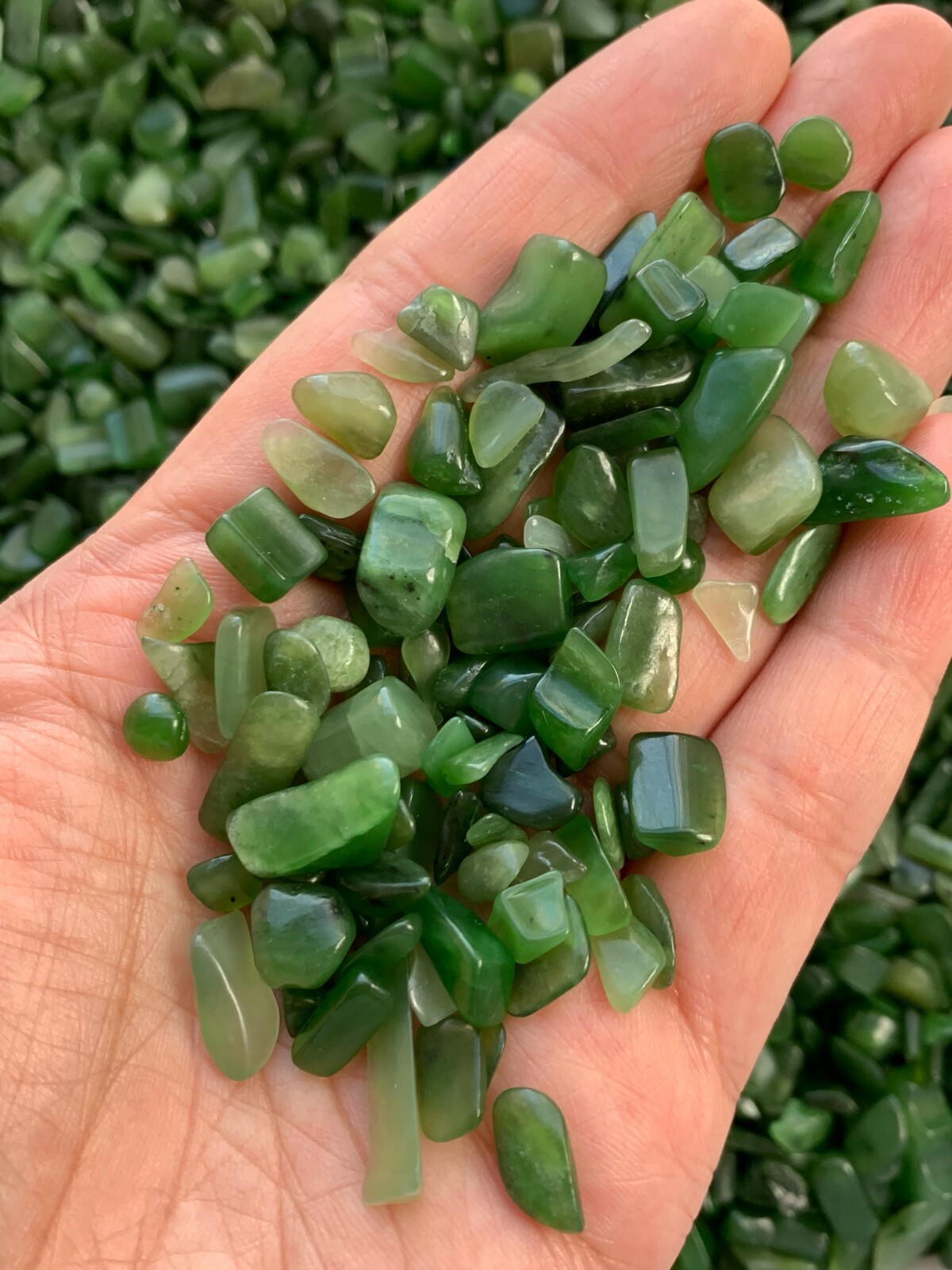 Grade A++ Nephrite Jade Semi Tumbled Gemstone Chips 5 – 15mm, Wholesale Bulk Lot
