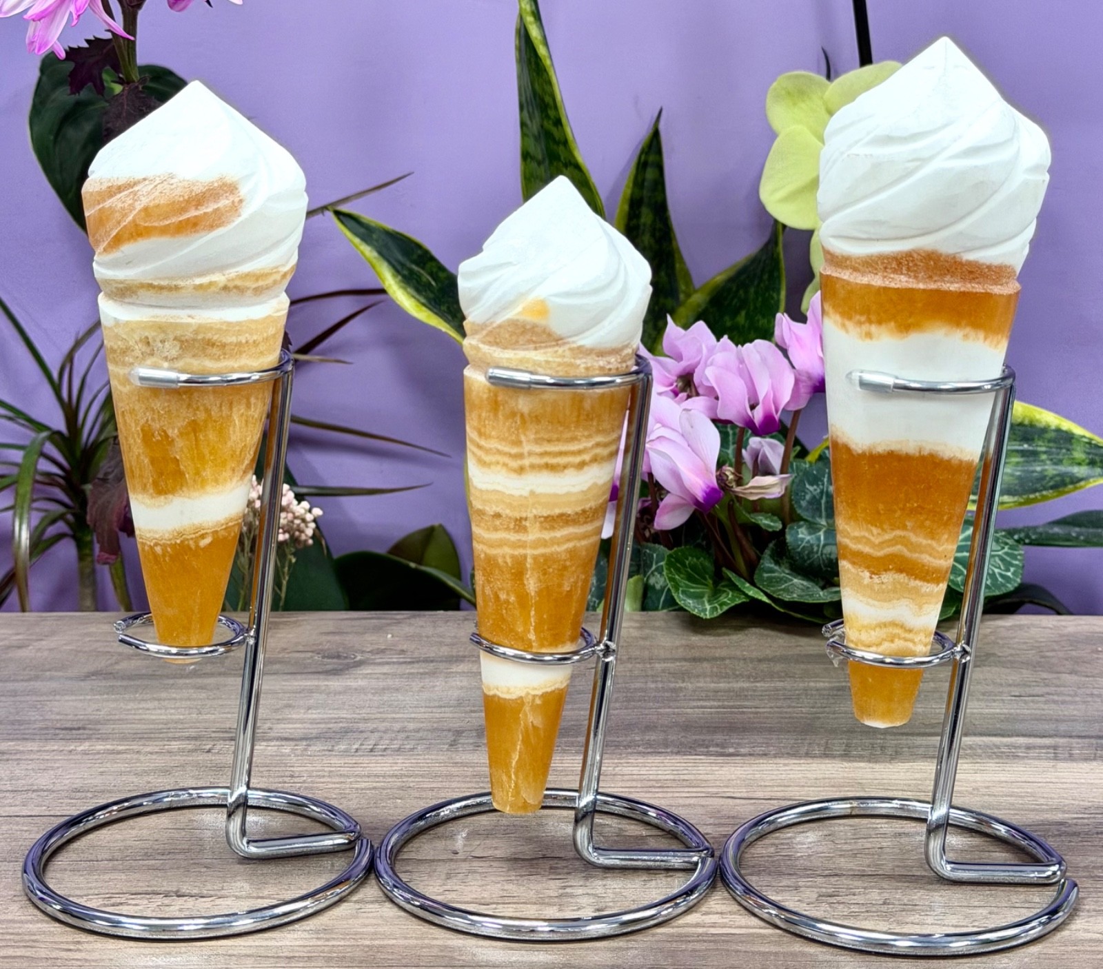 Wholesale 3-4 Pcs Natural Orange Calcite Ice Cream Cone With Rhodium Metal stand